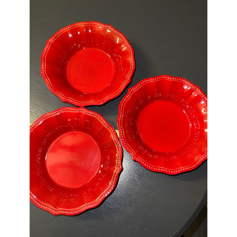 Pioneer Woman Paige Red Stoneware Pasta Bowls Set of 3 Scalloped Embossed 9 inch